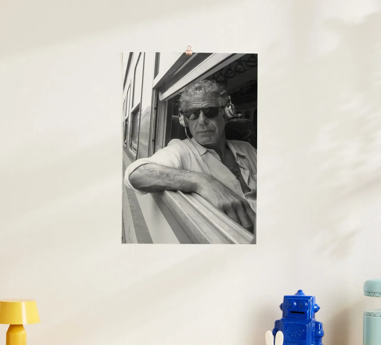 Anthony Bourdain Listening To Music in the Train poster by Beth Pop Culture
