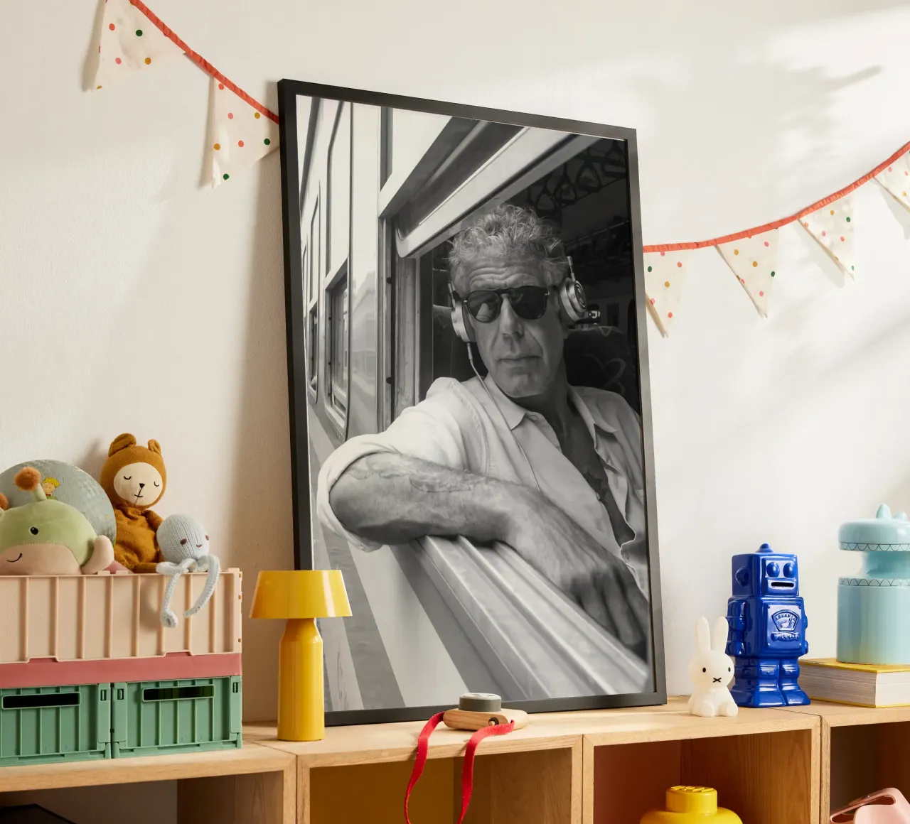 Anthony Bourdain Listening To Music in the Train poster by Beth Pop Culture
