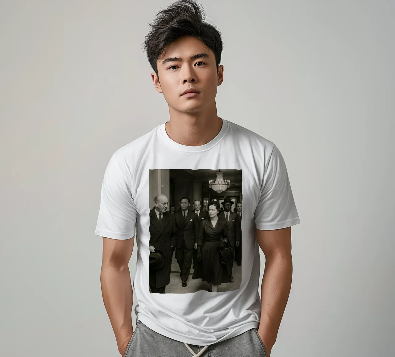 Personaggi di spicco che attraversano la hall di un grande albergo t-shirt da DesignDoodle