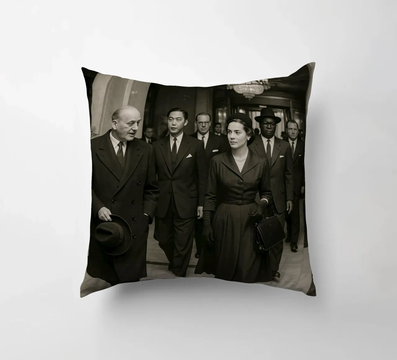 Personaggi di spicco che attraversano la hall di un grande albergo cuscino da DesignDoodle