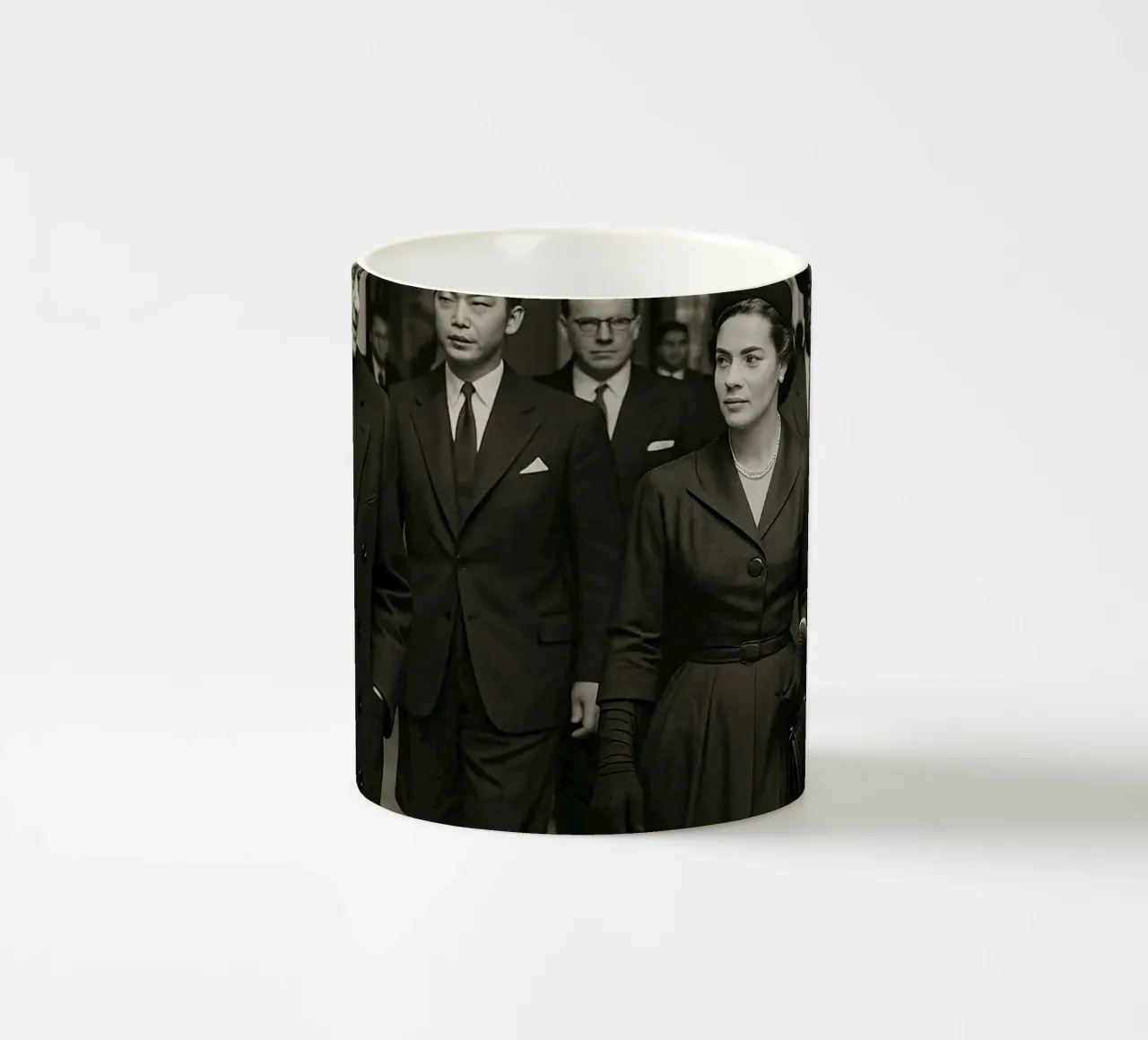 Personaggi di spicco che attraversano la hall di un grande albergo tazza in ceramica da DesignDoodle