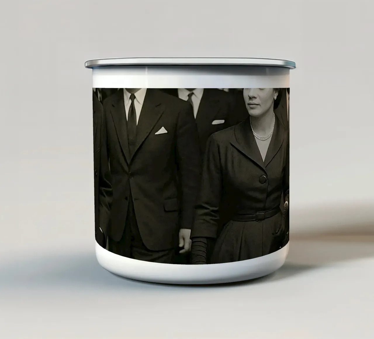 Personaggi di spicco che attraversano la hall di un grande albergo tazza in smalto da DesignDoodle