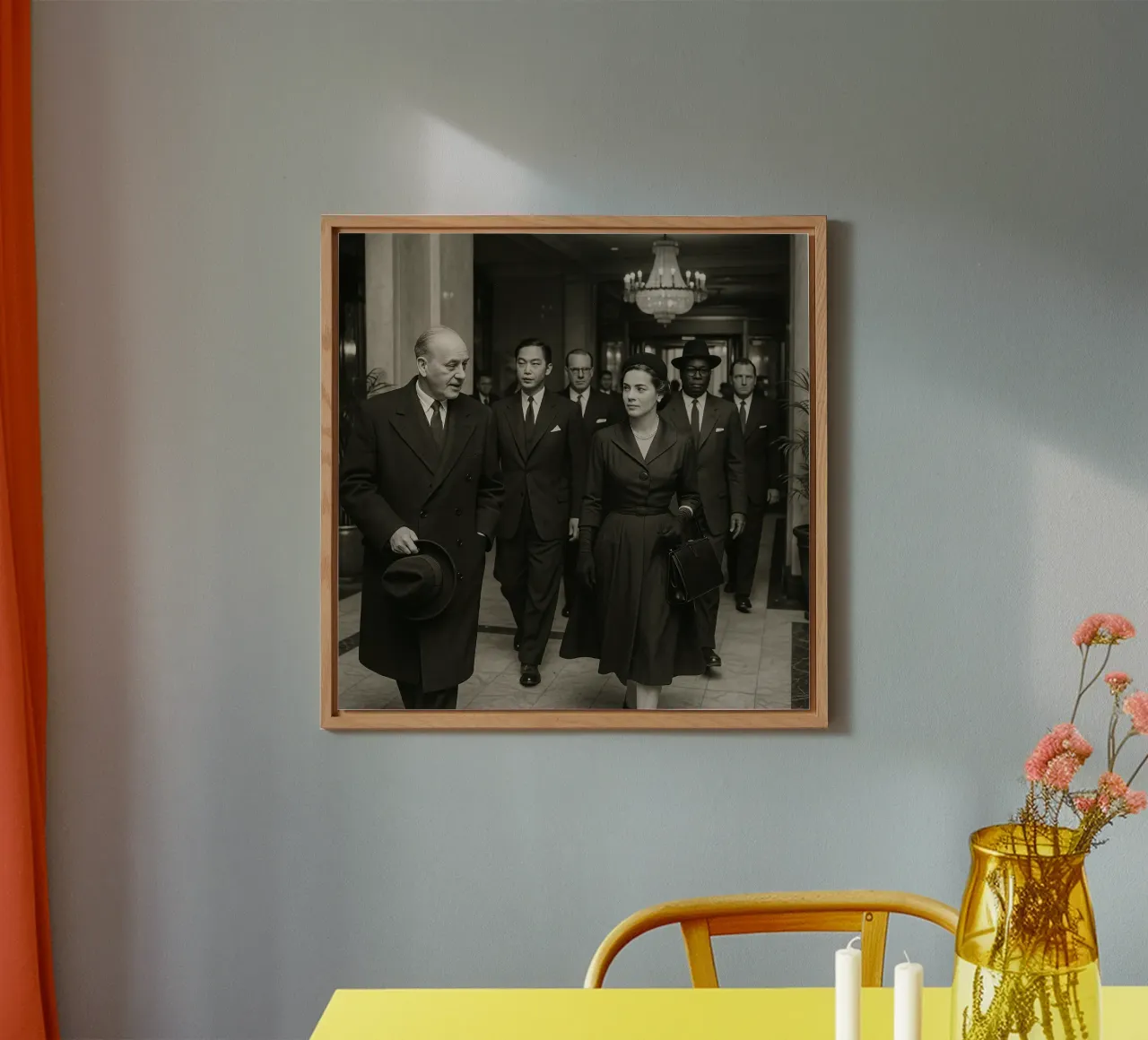 Personaggi di spicco che attraversano la hall di un grande albergo alluminio dibond da DesignDoodle