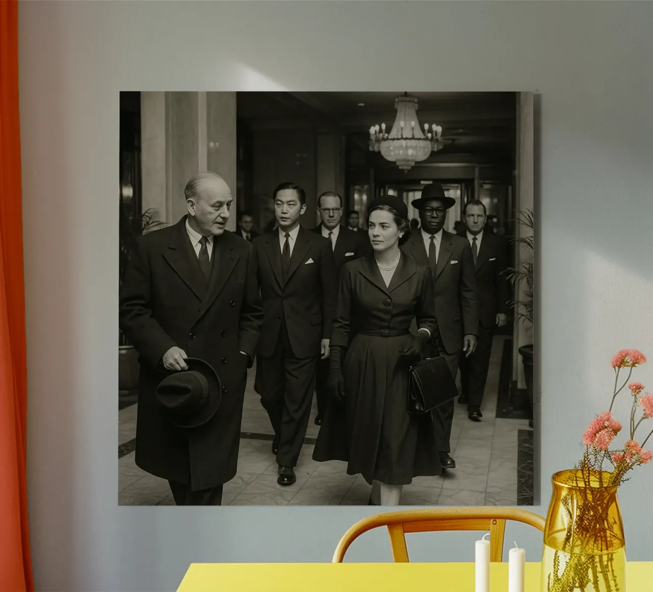 Personaggi di spicco che attraversano la hall di un grande albergo alluminio dibond da DesignDoodle
