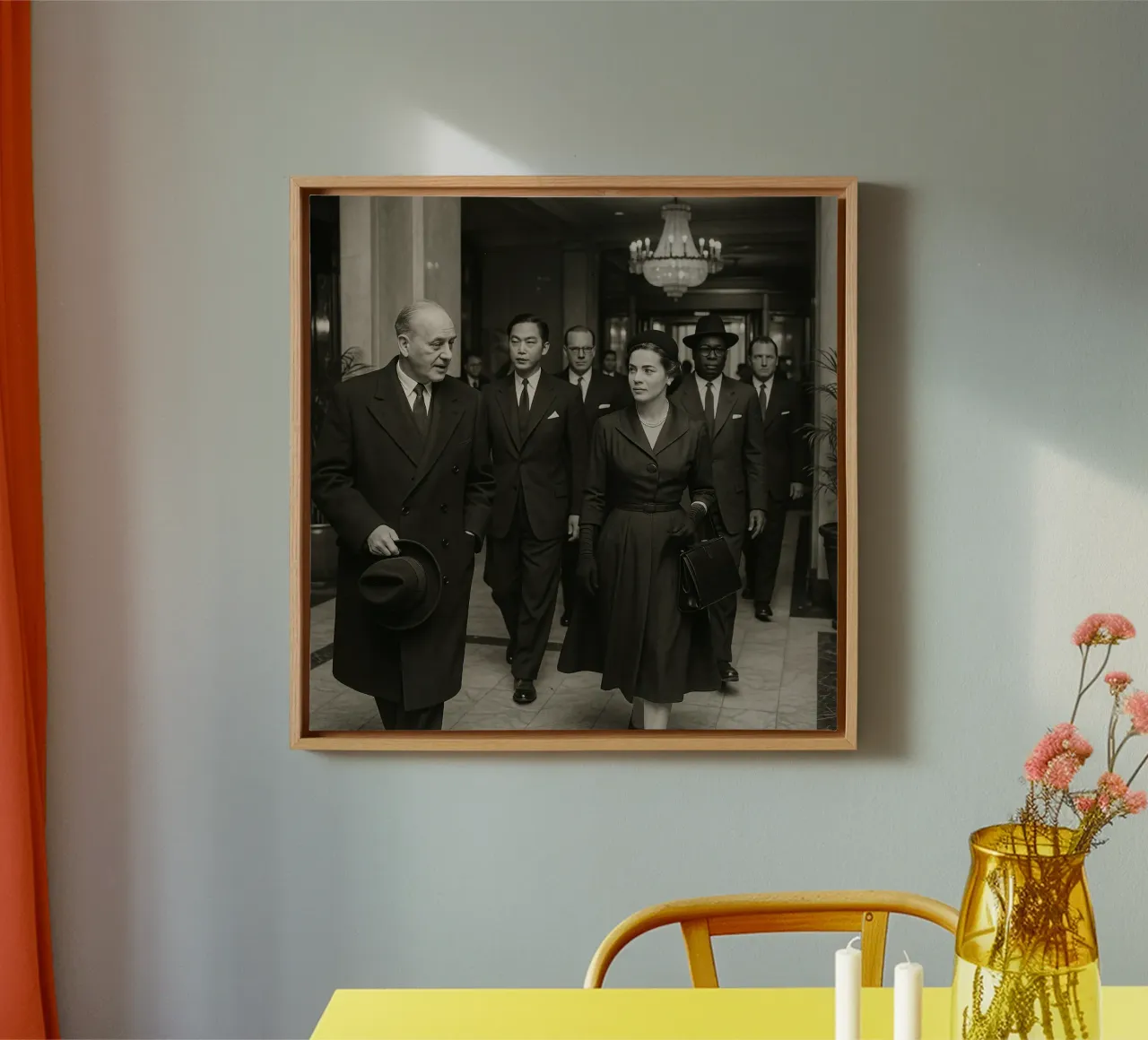 Personaggi di spicco che attraversano la hall di un grande albergo tela con Cornice a cassetta da DesignDoodle