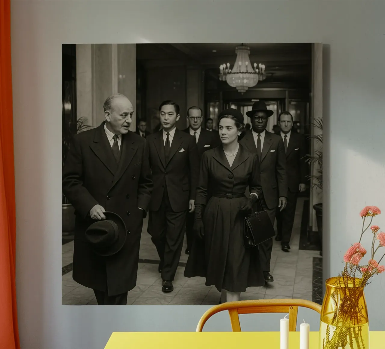 Personaggi di spicco che attraversano la hall di un grande albergo tela con Cornice a cassetta da DesignDoodle