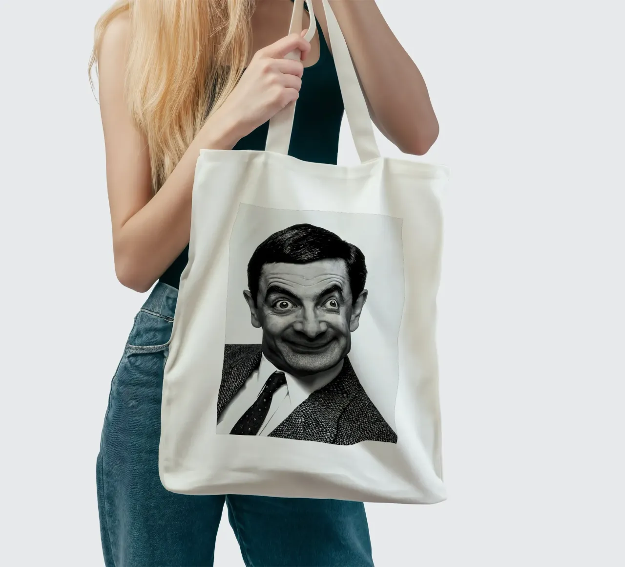Sorriso iconico di Rowan Atkinson Mr. Bean borsa in juta da Beth Pop Culture