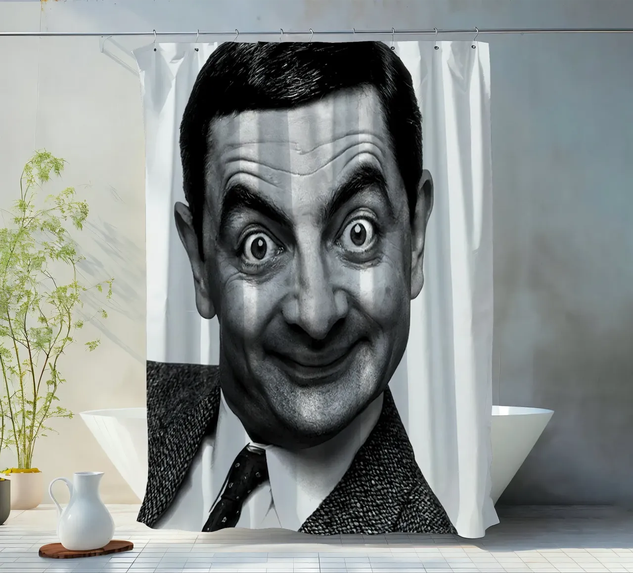 Sorriso iconico di Rowan Atkinson Mr. Bean tenda da doccia da Beth Pop Culture