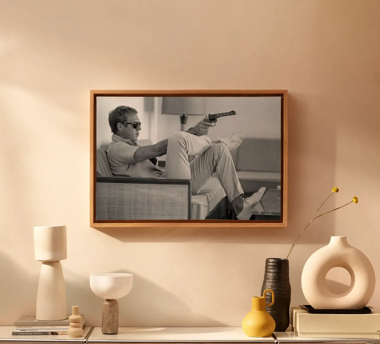 Steve McQueen with Gun canvas with Floater frame by Beth Pop Culture