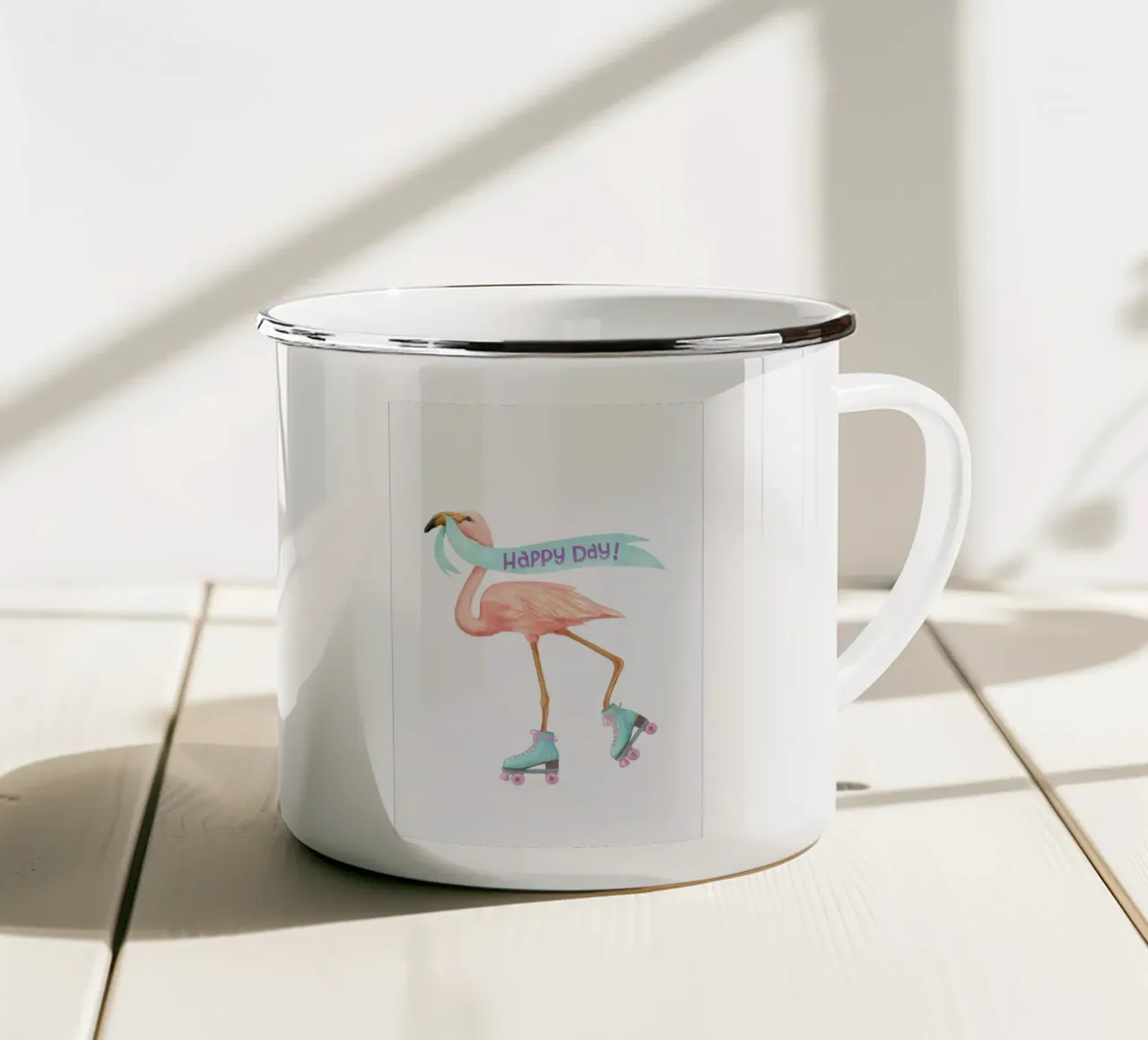 Rollerskating Flamigo tazza in smalto da Laura Graves