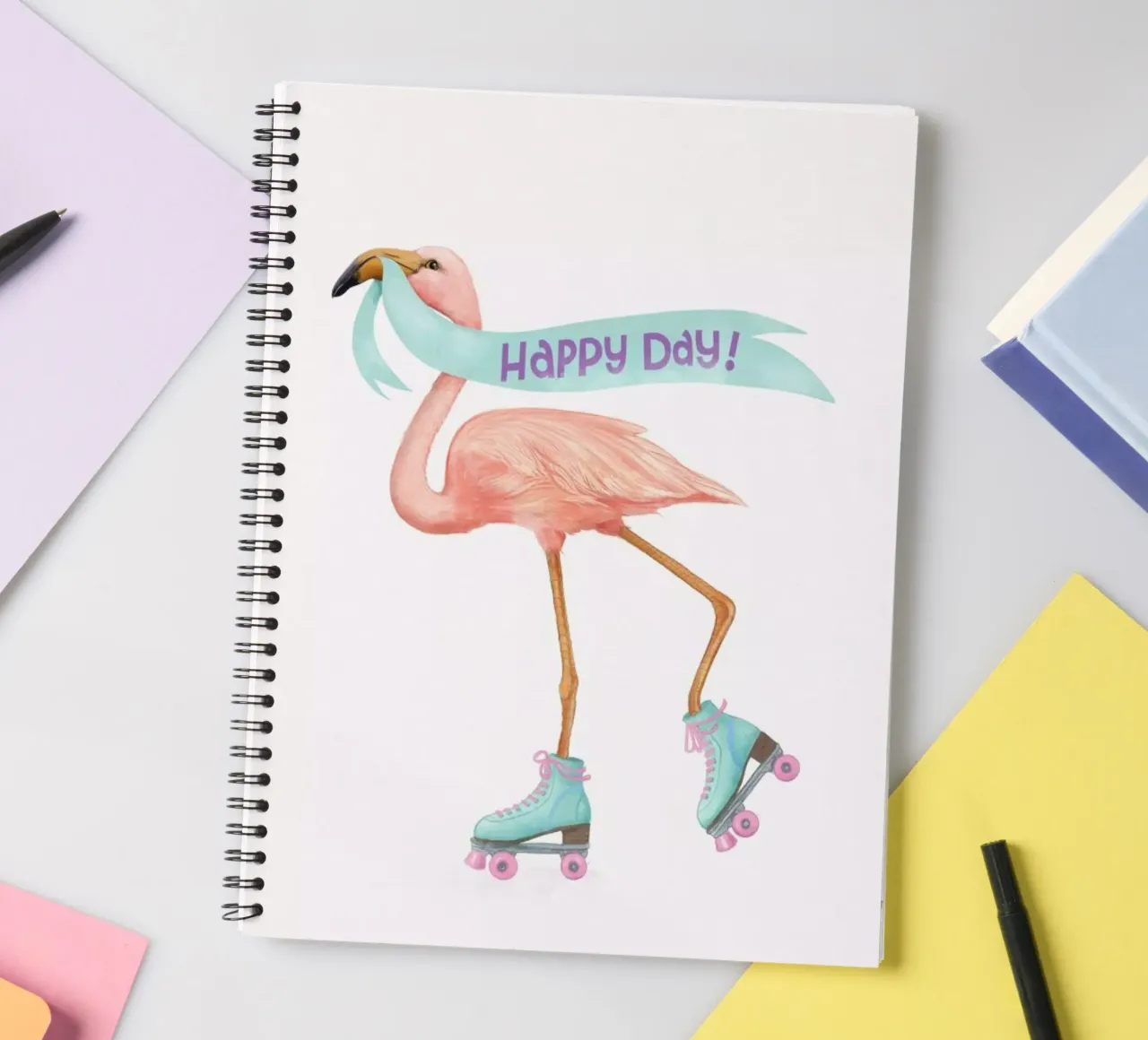 Rollerskating Flamigo spiral notebook by Laura Graves