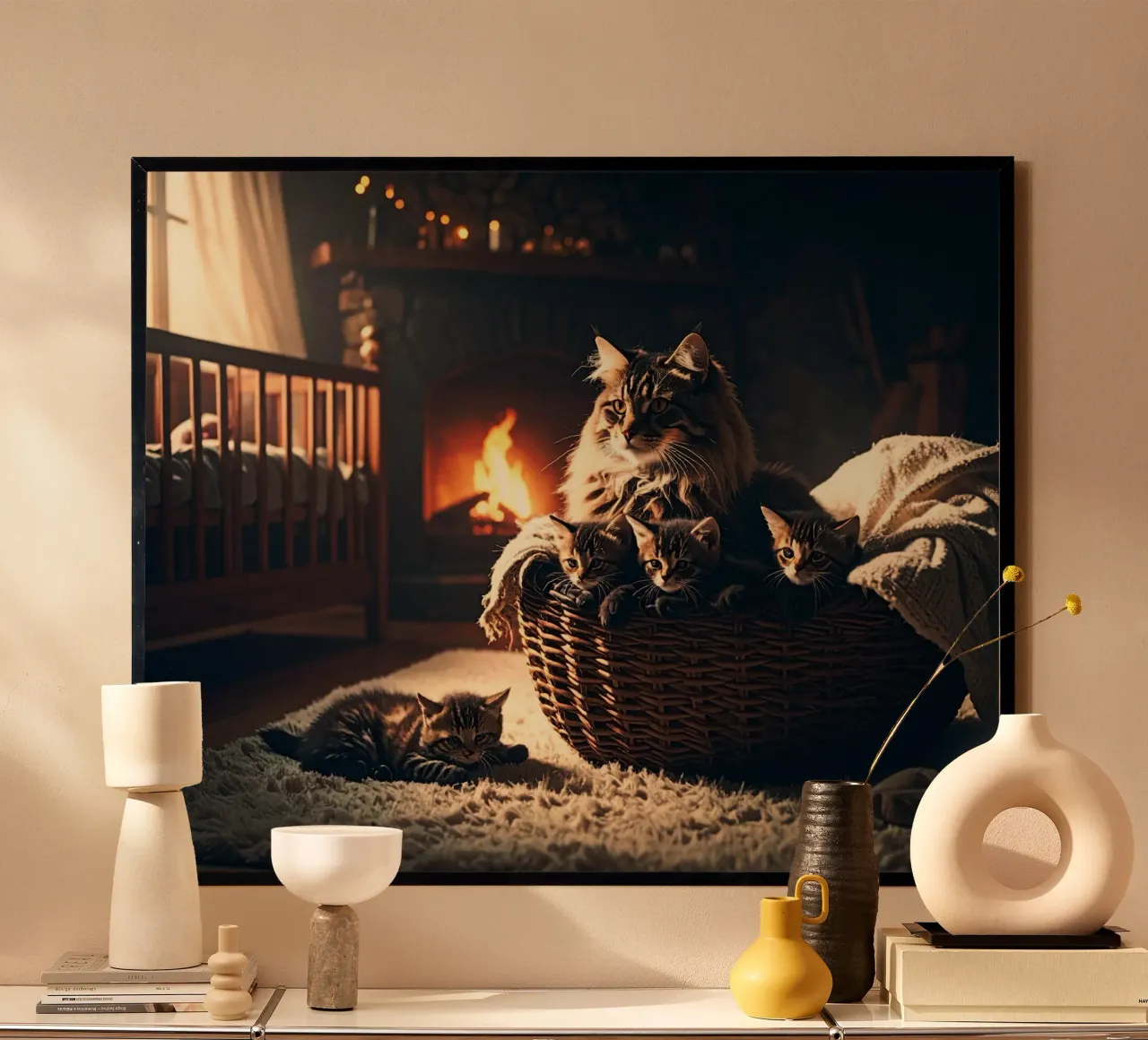 CHATTE ET QUATRE CHATONS. poster van Thierry vobmann photography
