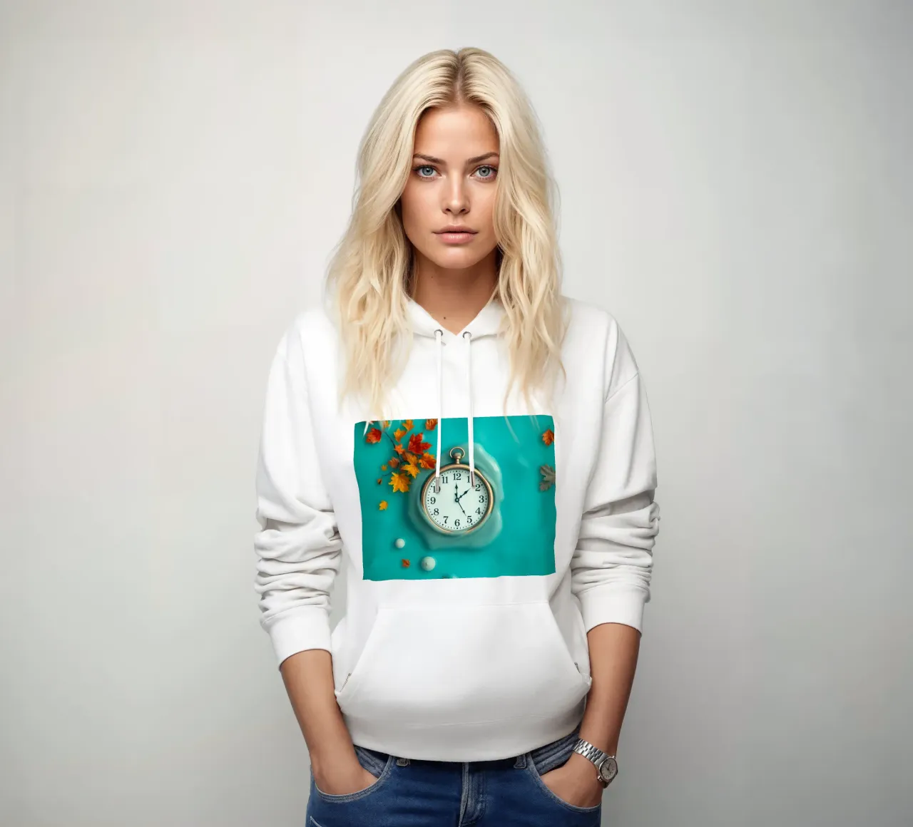 Un orologio che si scioglie in un oceano turchese, un caldo autunno felpa con cappuccio da DesignDoodle