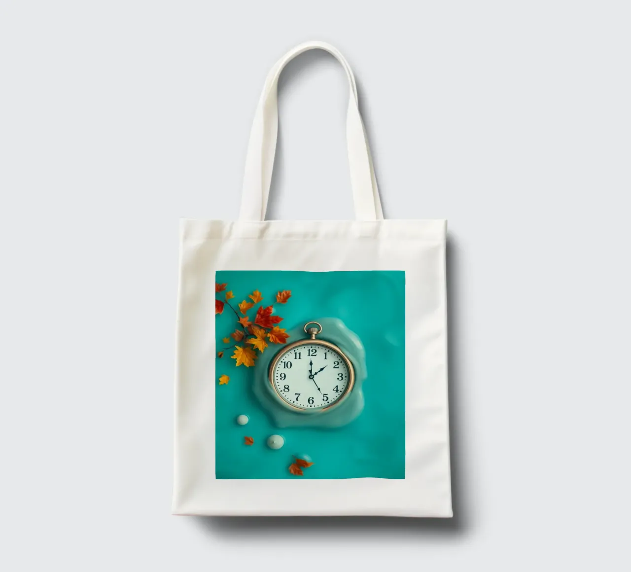 Un orologio che si scioglie in un oceano turchese, un caldo autunno borsa in juta da DesignDoodle