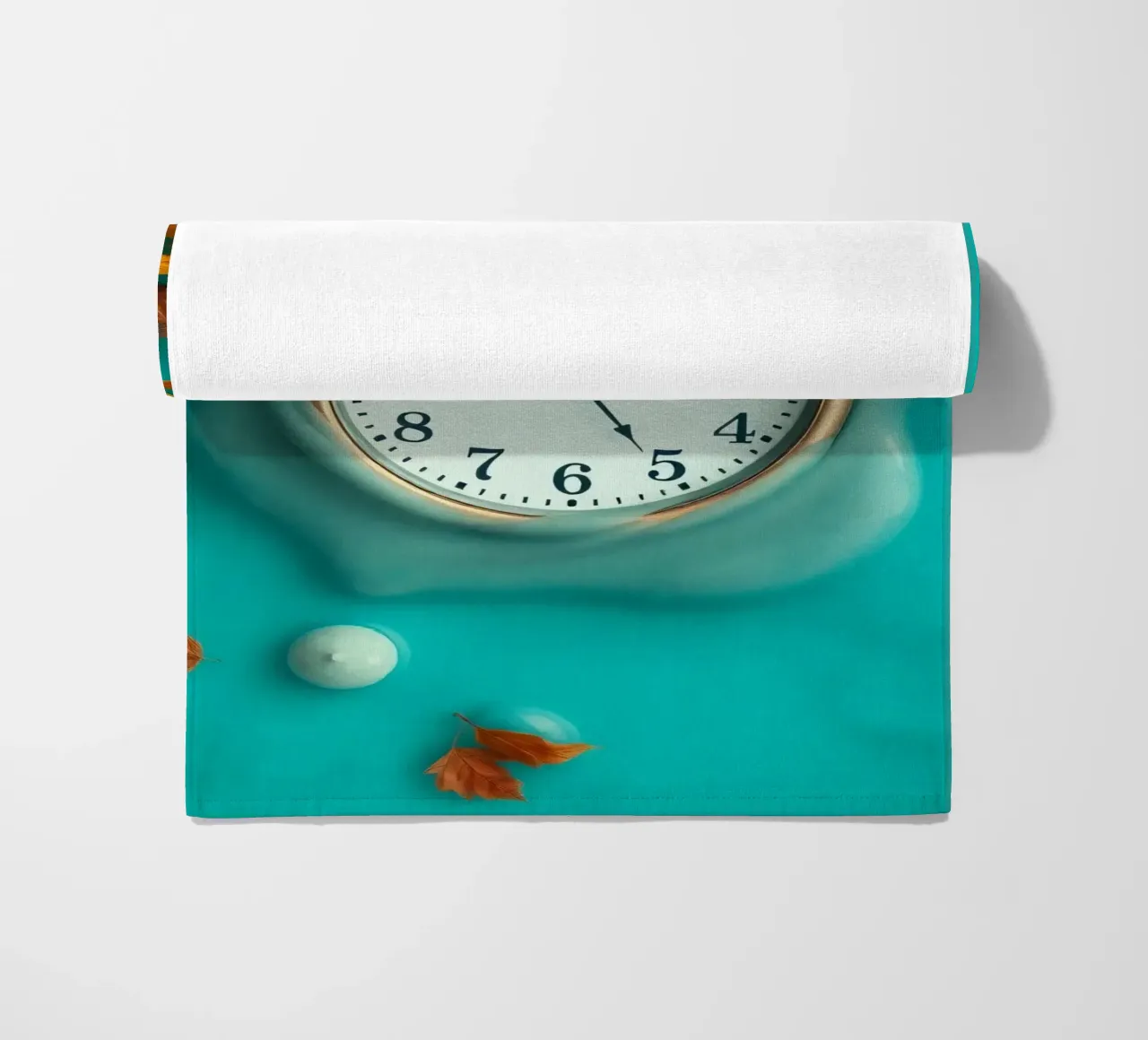 Un orologio che si scioglie in un oceano turchese, un caldo autunno telo mare da DesignDoodle