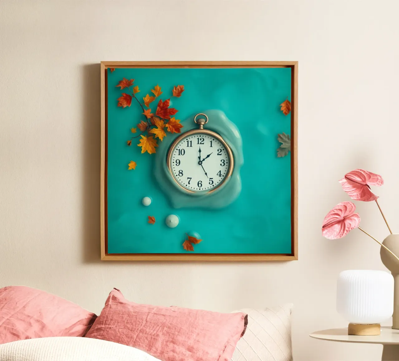 A clock melting into a turquoise ocean, warm autumn canvas by DesignDoodle