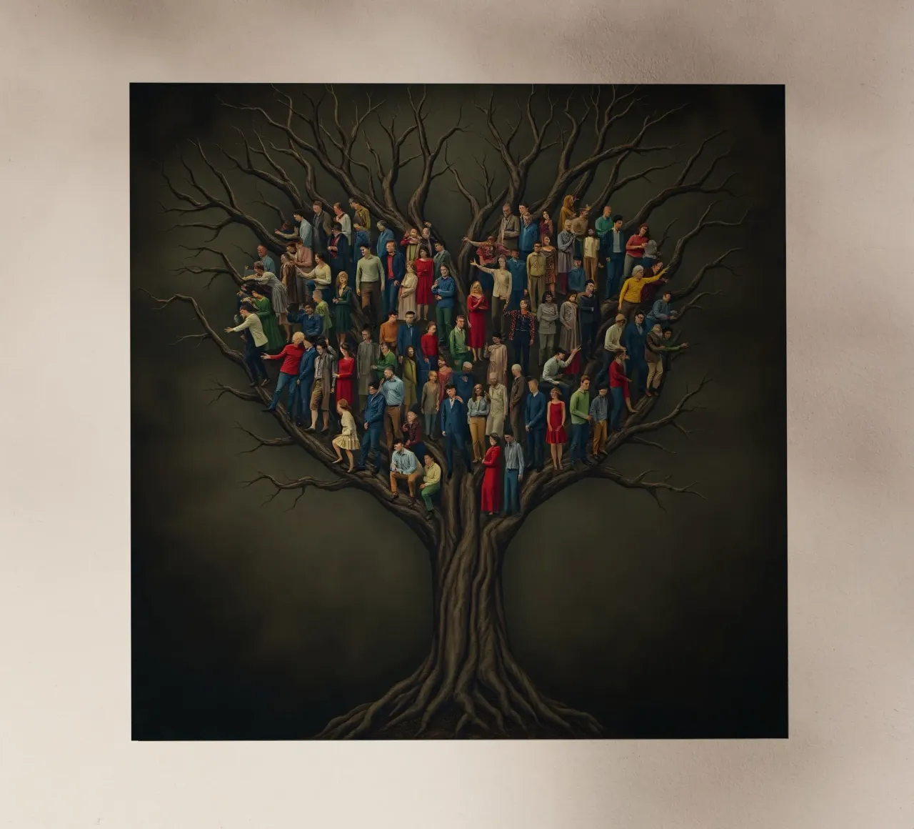 I membri della comunità si riuniscono in cima a un albero che rappresenta le connessioni pellicola backlit da DesignDoodle