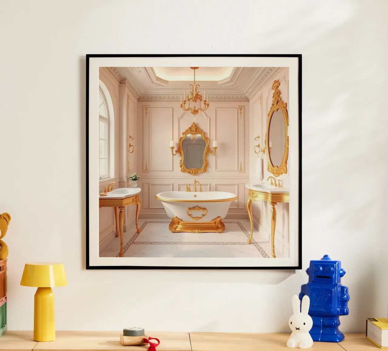 Bagno di lusso con tubo classico freestanding e oro poster con telaio in alluminio da DesignDoodle