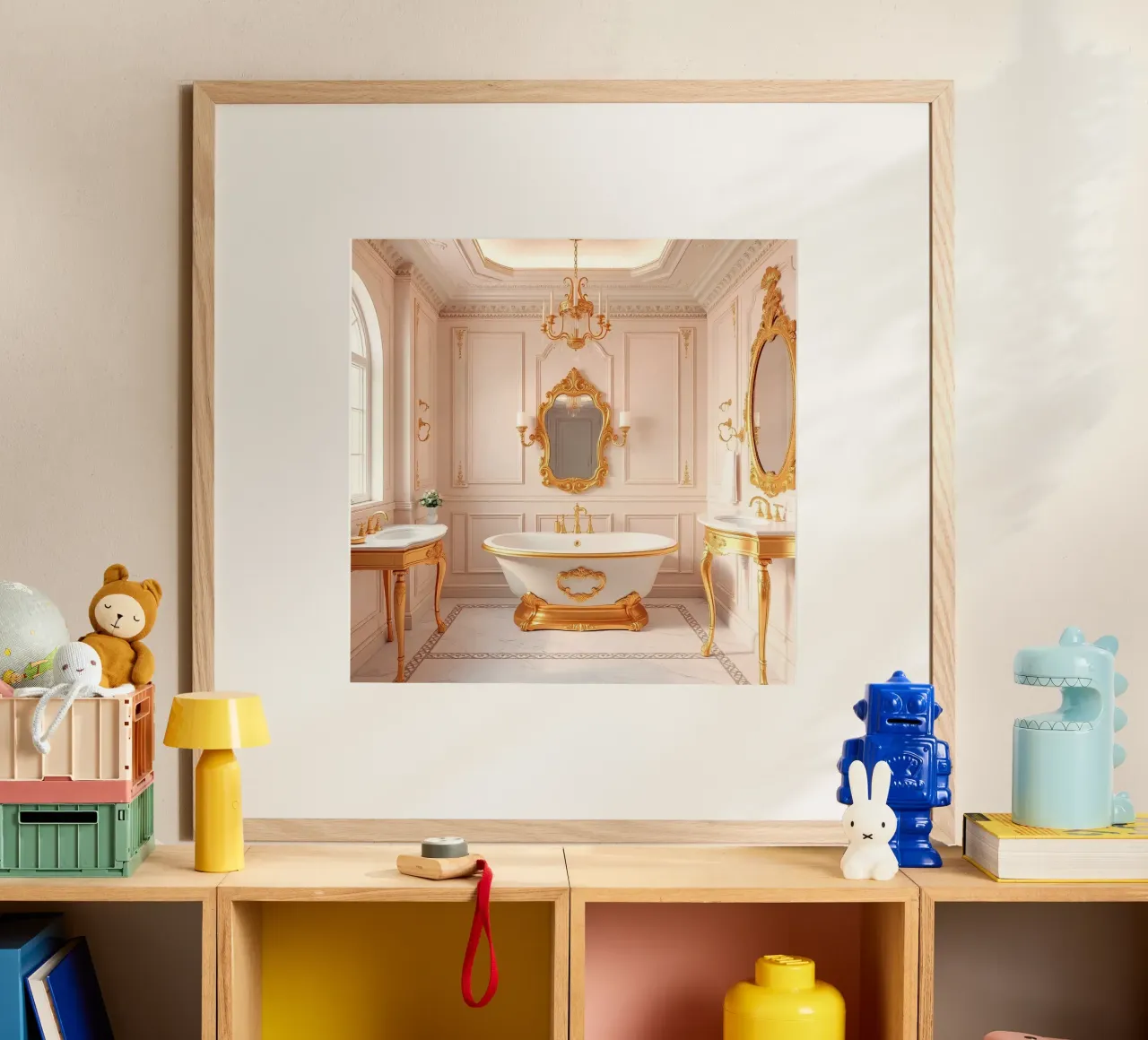 Bagno di lusso con tubo classico freestanding e oro poster con telaio in alluminio da DesignDoodle