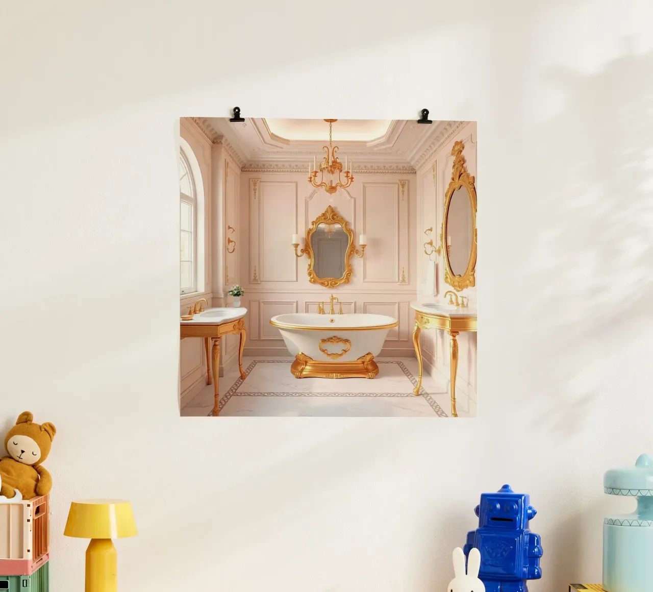 Bagno di lusso con tubo classico freestanding e oro poster con telaio in alluminio da DesignDoodle