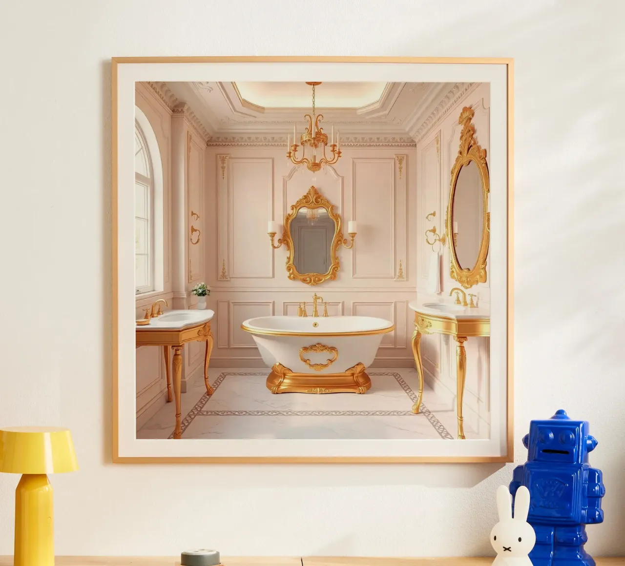 Bagno di lusso con tubo classico freestanding e oro poster con telaio in alluminio da DesignDoodle