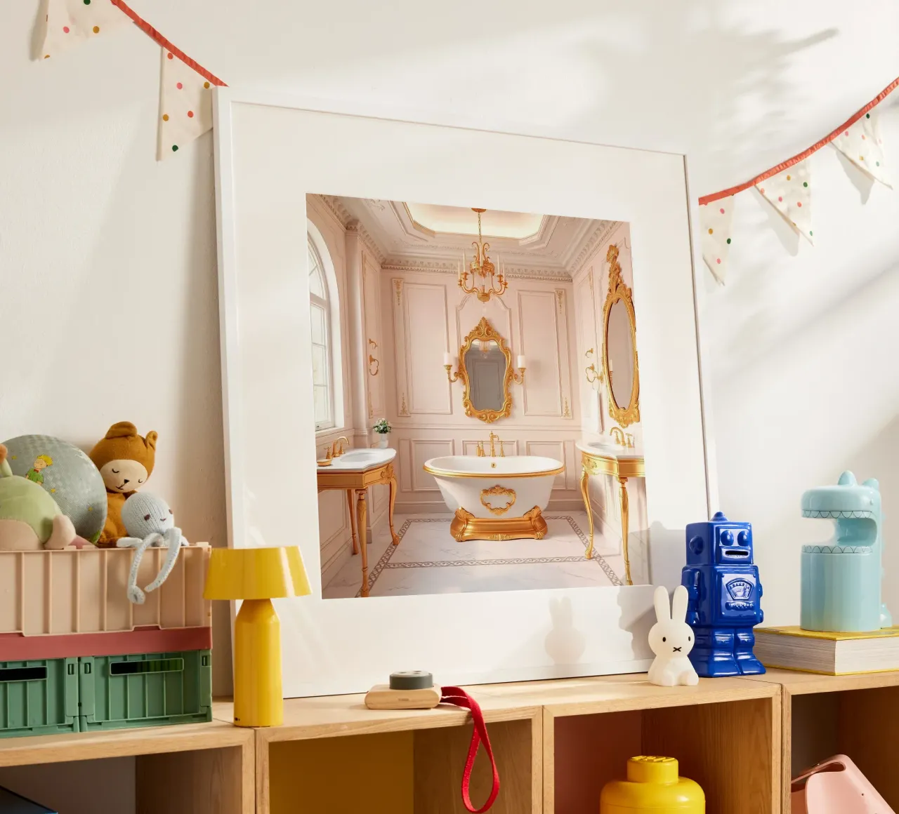 Bagno di lusso con tubo classico freestanding e oro poster con telaio in alluminio da DesignDoodle