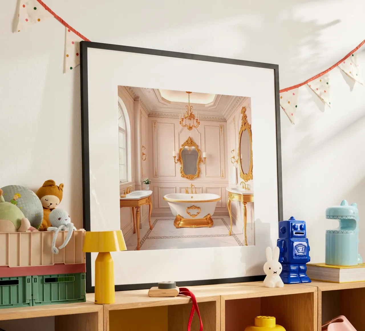 Bagno di lusso con tubo classico freestanding e oro poster con telaio in alluminio da DesignDoodle