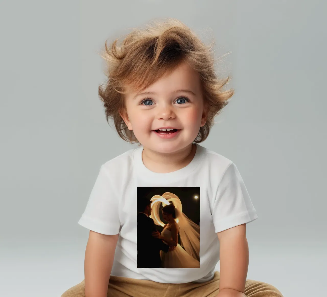 Couple shares a romantic moment with glowing veil baby t-shirt by DesignDoodle