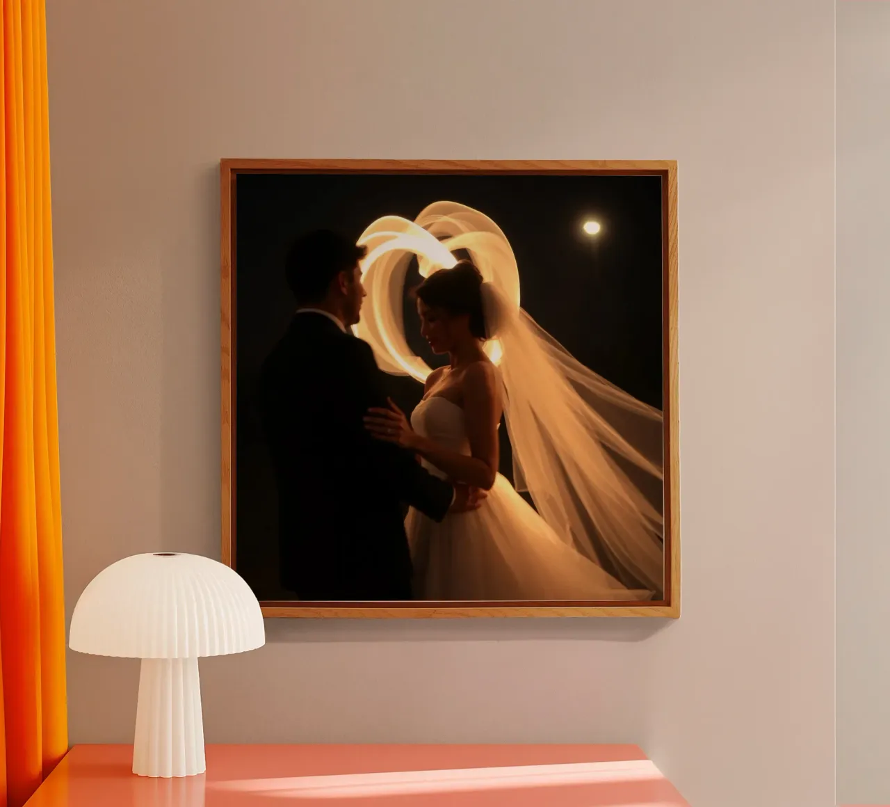 Couple shares a romantic moment with glowing veil acrylic glass by DesignDoodle