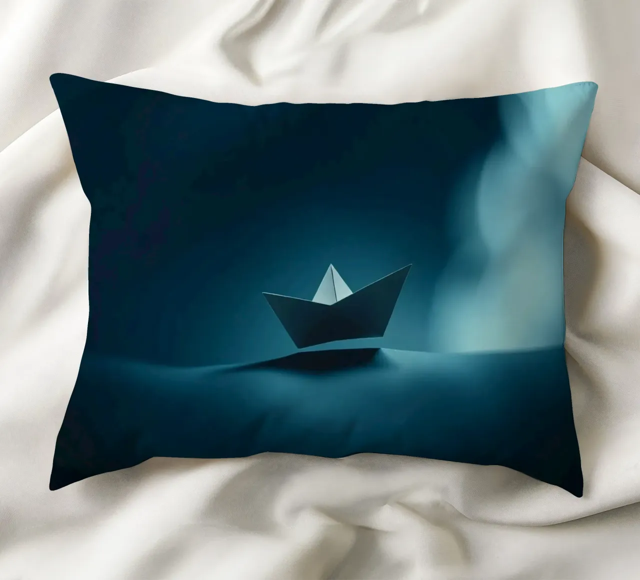 Piccola barca di carta che scivola sull'acqua calma in una stanza poco illuminata cuscino da DesignDoodle