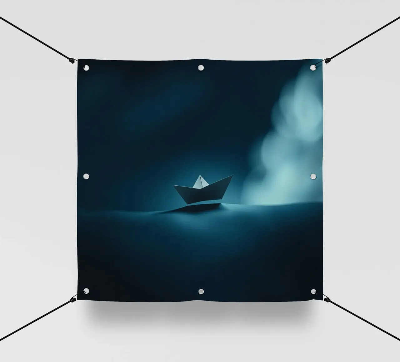 Piccola barca di carta che scivola sull'acqua calma in una stanza poco illuminata telo in pvc da DesignDoodle