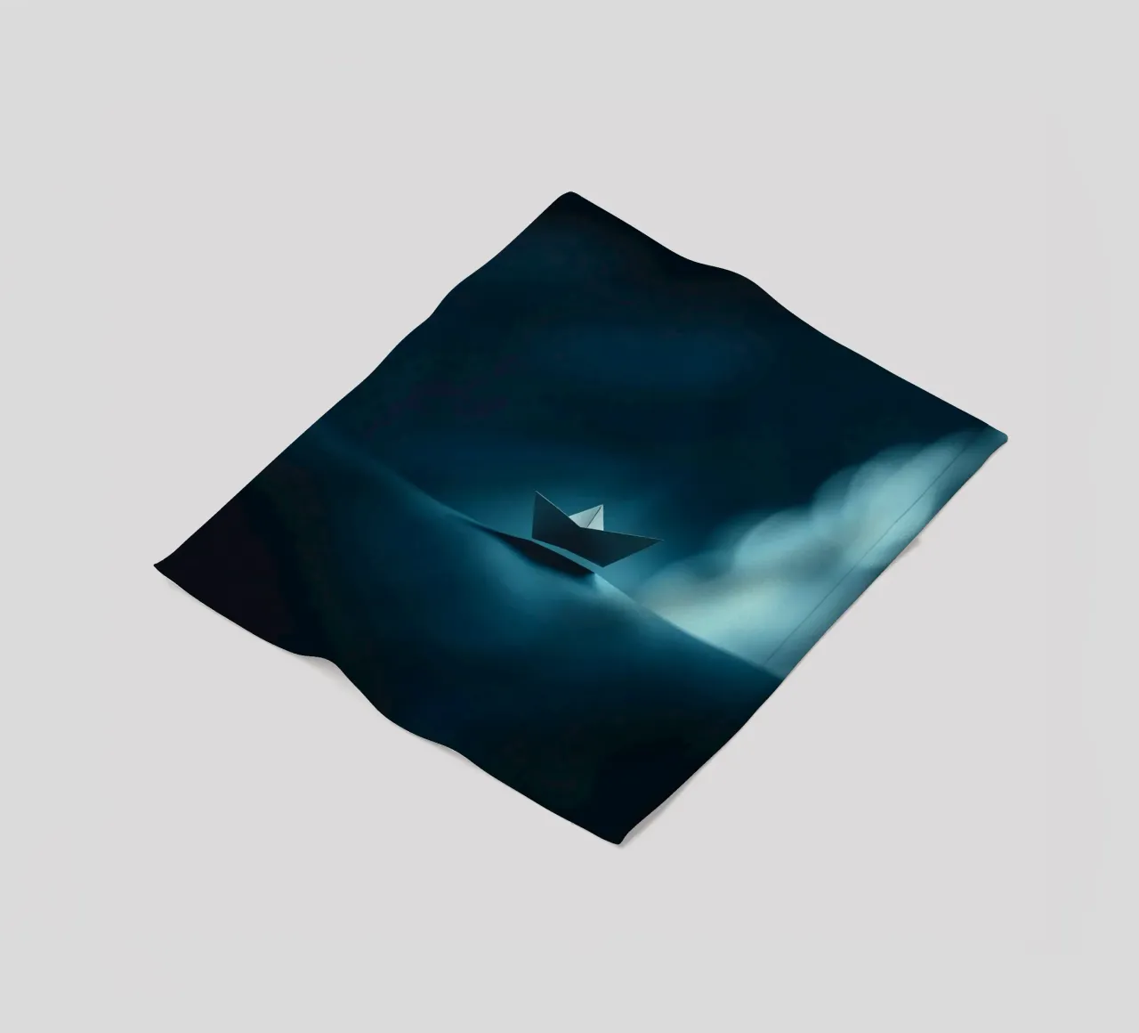 Piccola barca di carta che scivola sull'acqua calma in una stanza poco illuminata coperta in pile da DesignDoodle