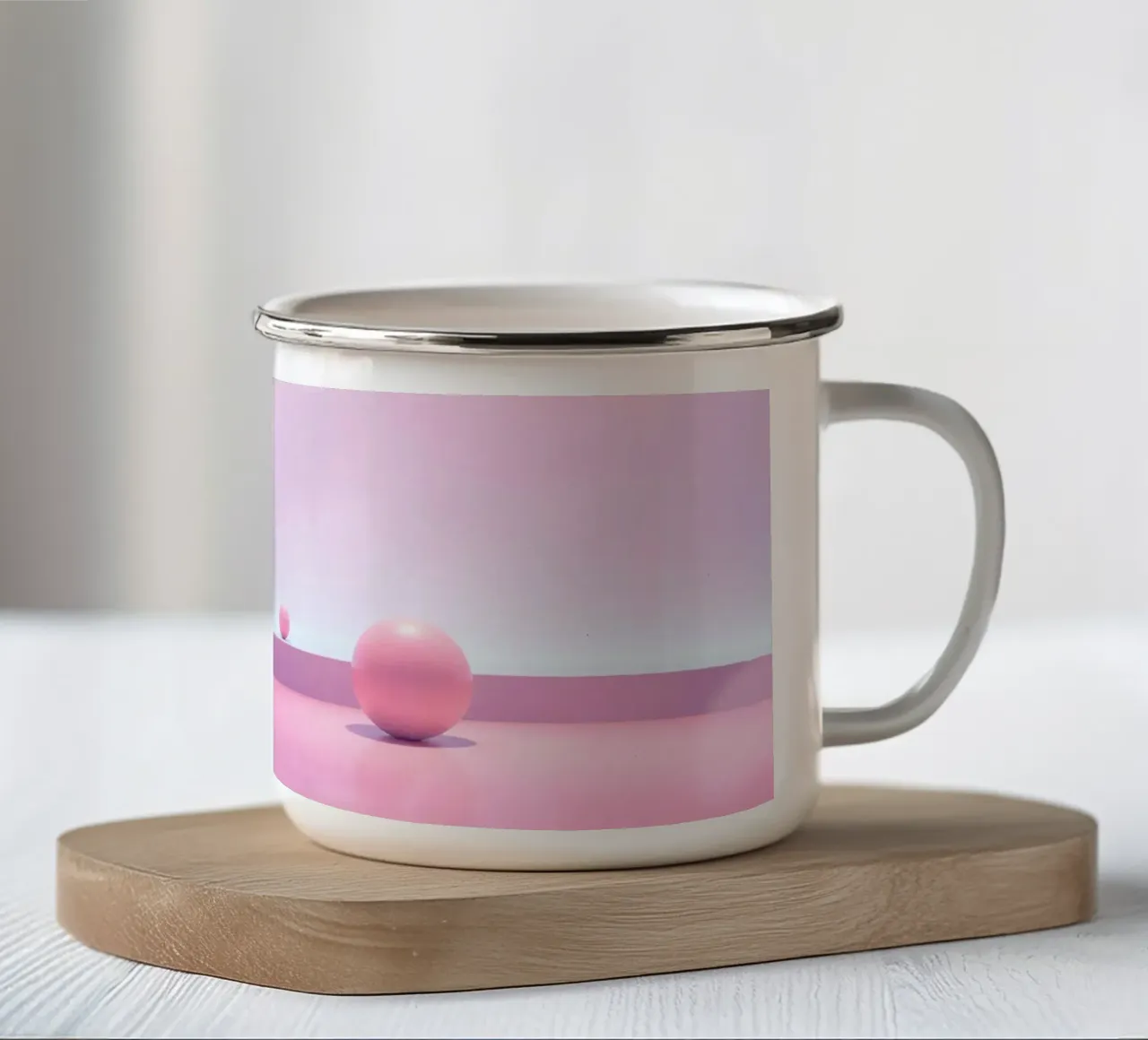 Scena pastello morbida con sfere rosa su una superficie liscia tazza in smalto da DesignDoodle