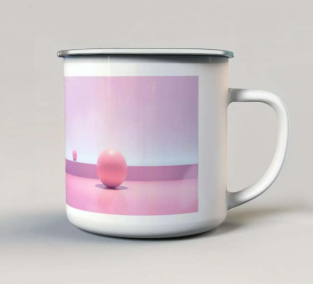 Scena pastello morbida con sfere rosa su una superficie liscia tazza in smalto da DesignDoodle