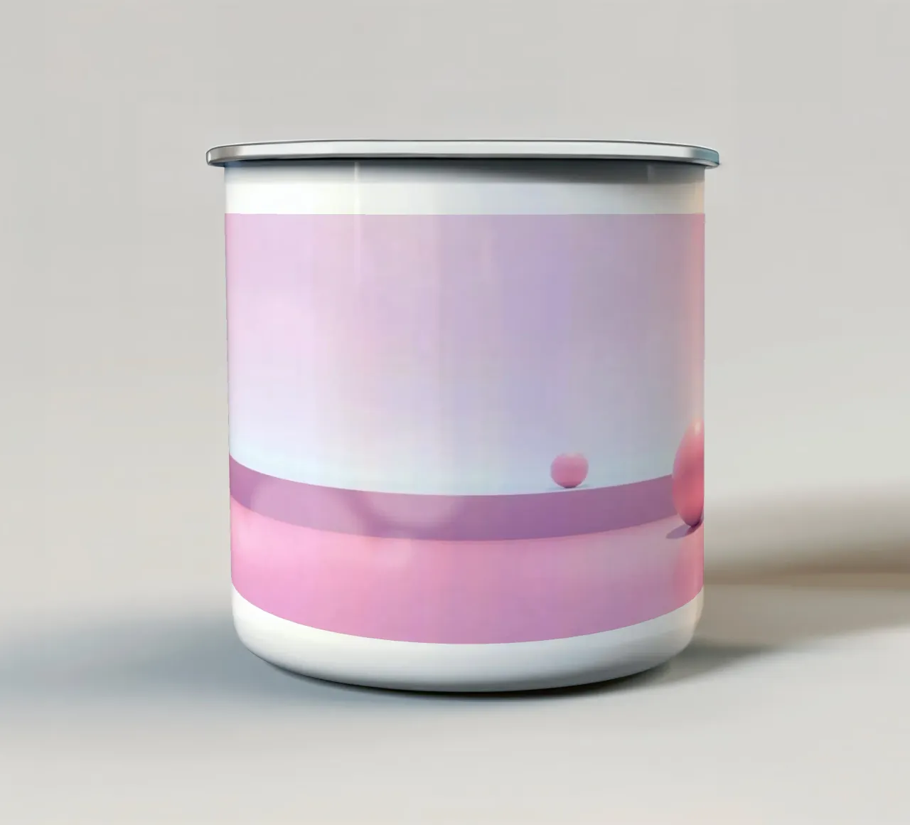 Scena pastello morbida con sfere rosa su una superficie liscia tazza in smalto da DesignDoodle