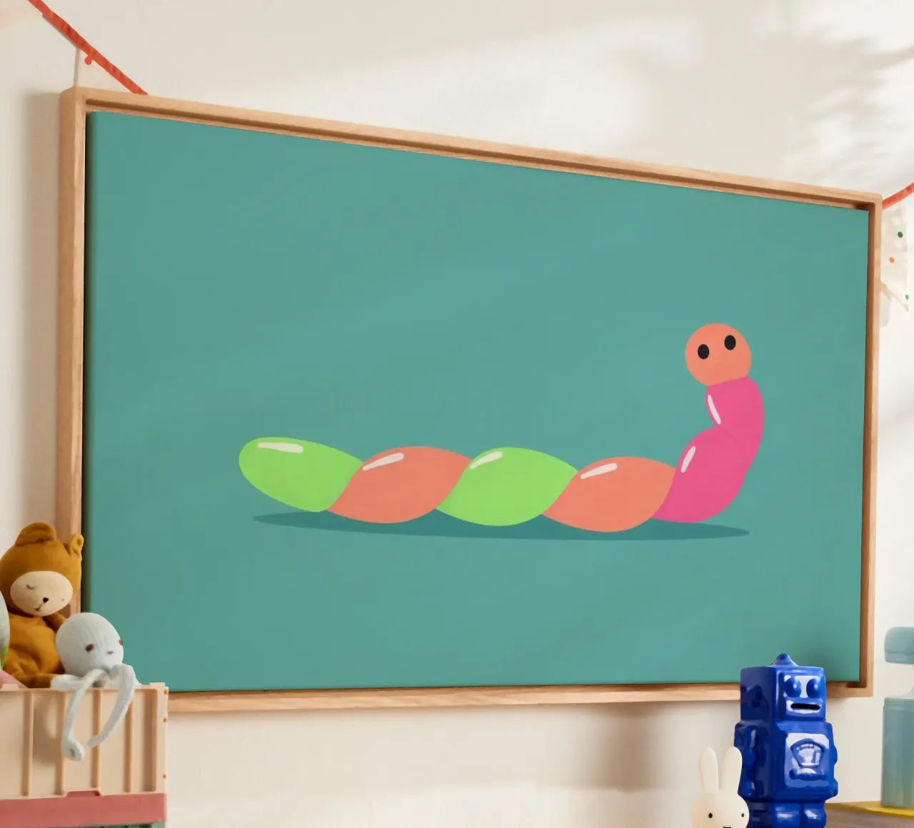 Kleurrijke cartoonworm bewegend op blauwe achtergrond canvas met Baklijst van DesignDoodle