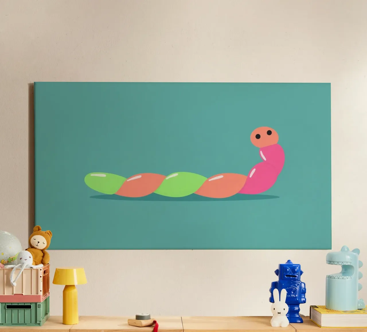 Kleurrijke cartoonworm bewegend op blauwe achtergrond canvas met Baklijst van DesignDoodle