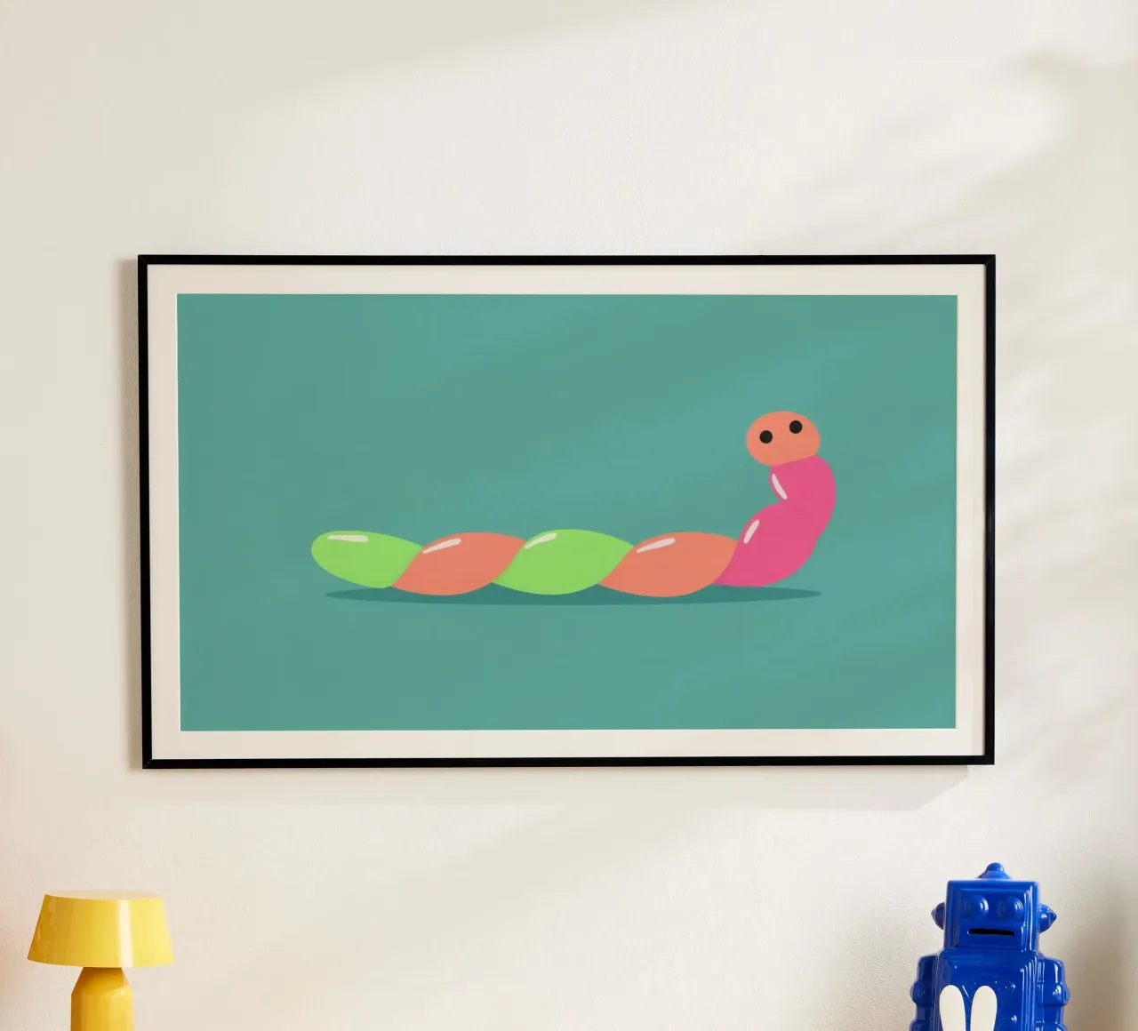 Ver de terre coloré en dessin animé se déplaçant sur un fond bleu poster de DesignDoodle