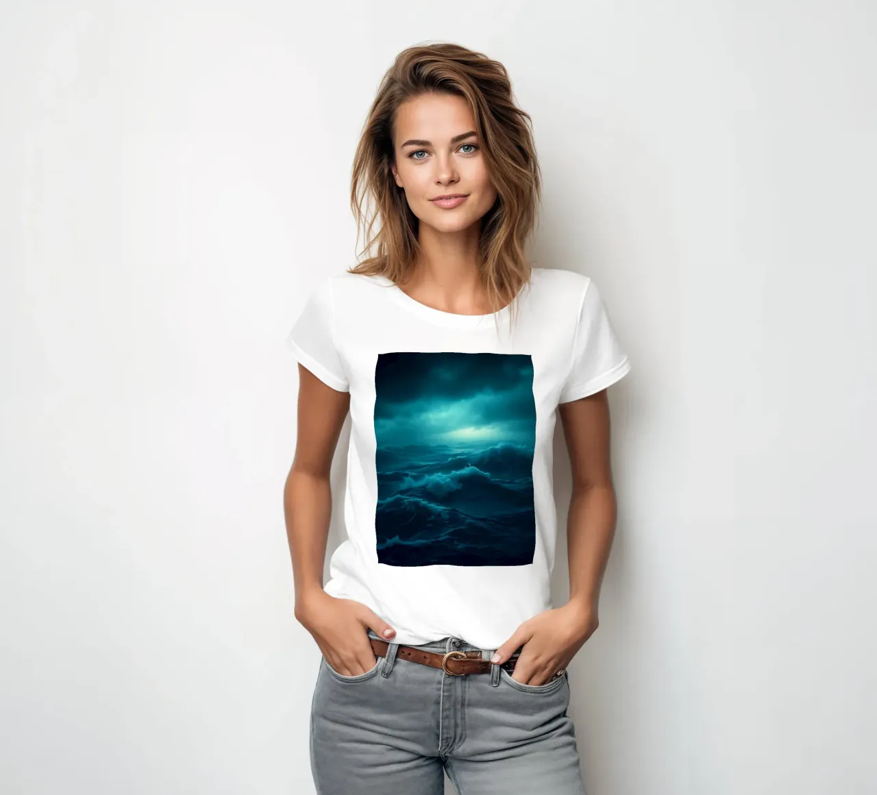 Dark stormy ocean waves under a cloudy sky women's fitted t-shirt by DesignDoodle