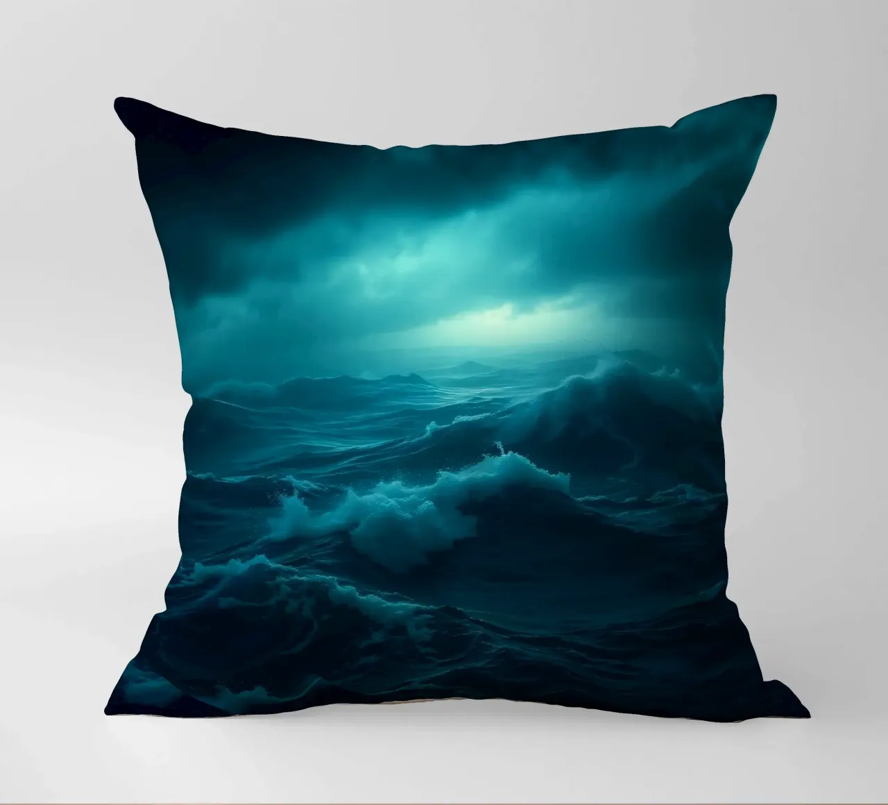 Onde oceaniche scure e tempestose sotto un cielo nuvoloso cuscino da DesignDoodle