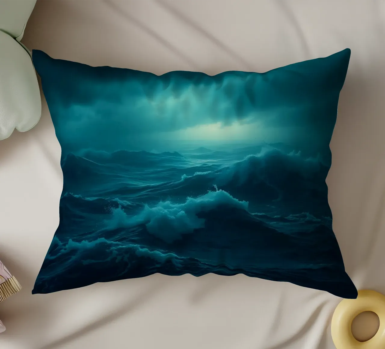 Onde oceaniche scure e tempestose sotto un cielo nuvoloso cuscino da DesignDoodle