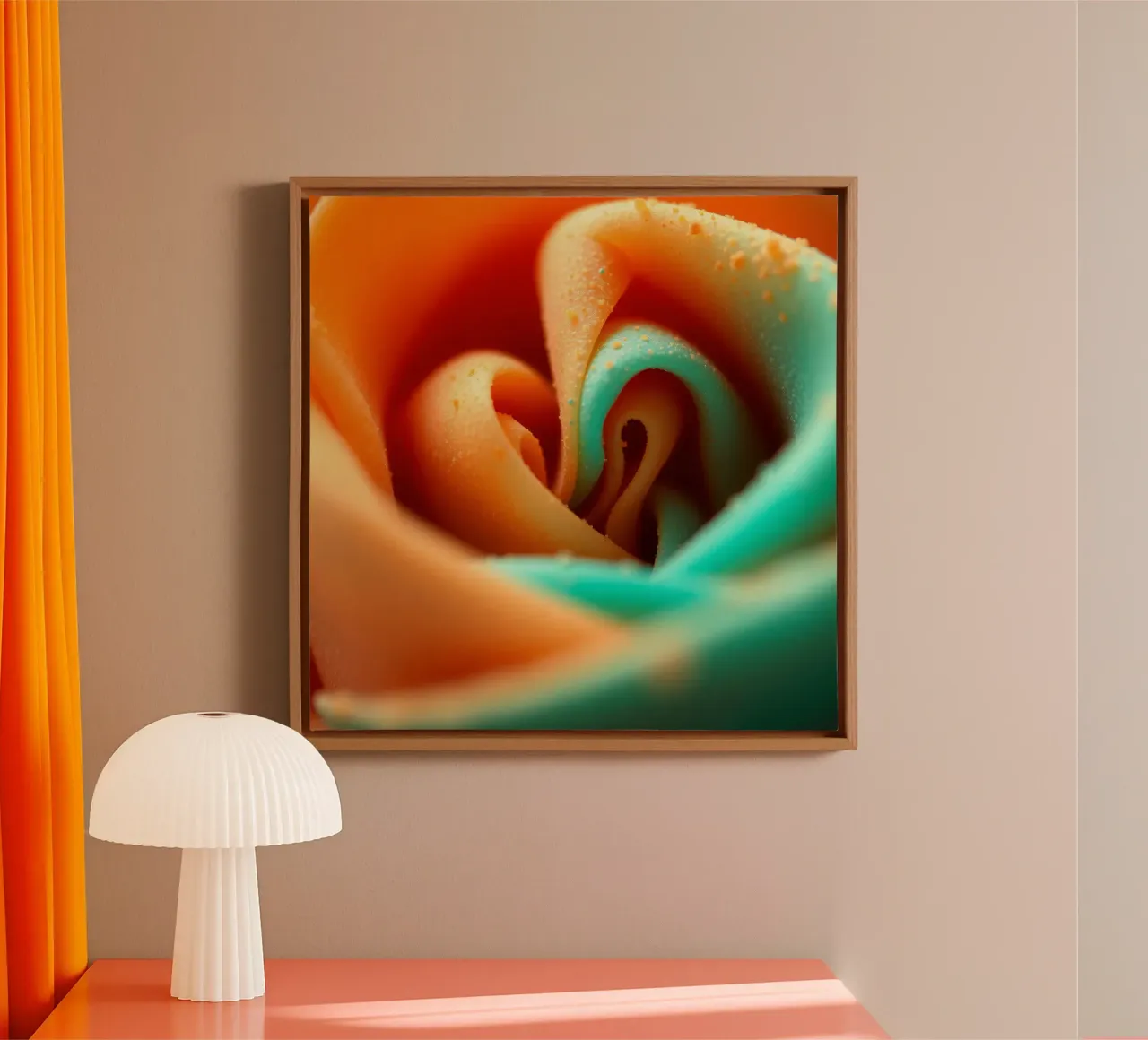 Un primo piano macro estremo di terracotta calda e alzavola fredda tela con Cornice a cassetta da DesignDoodle