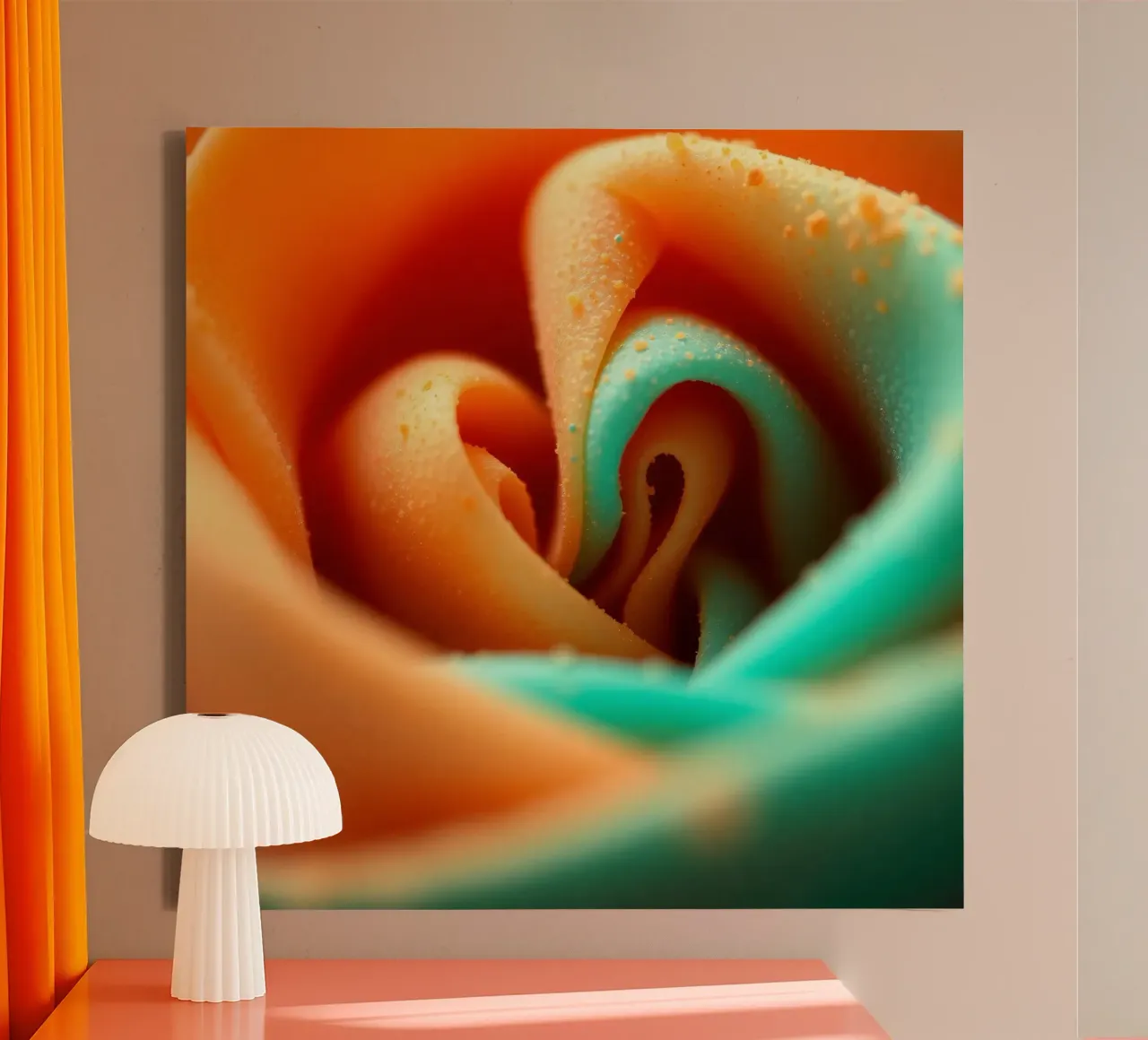 Un primo piano macro estremo di terracotta calda e alzavola fredda tela con Cornice a cassetta da DesignDoodle