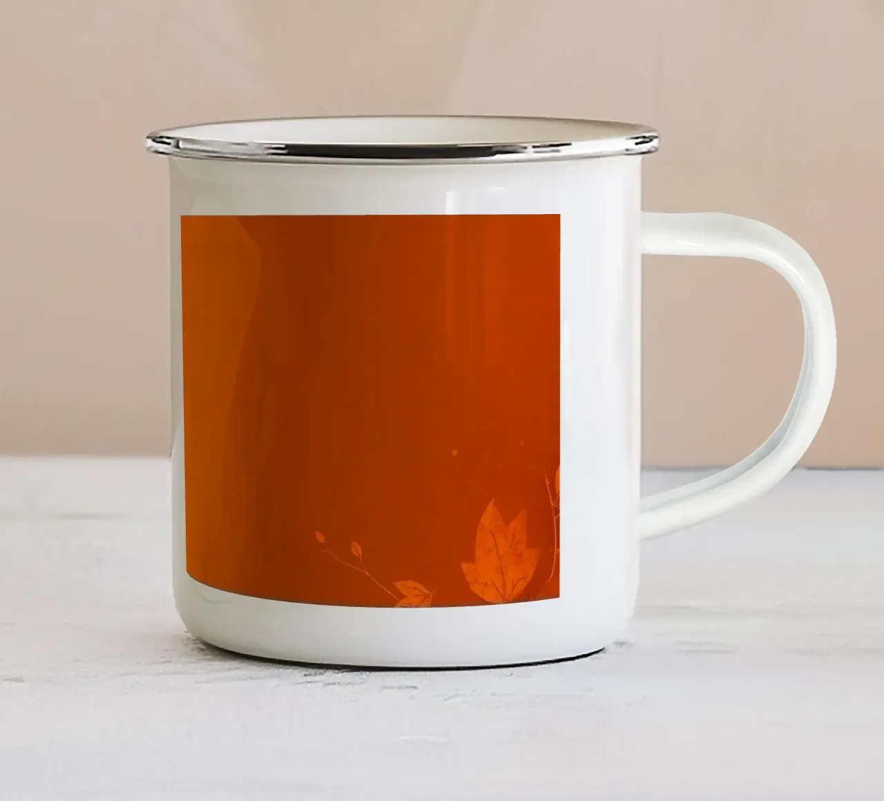 orange abstract design featuring leaf motifs and smooth art enamel mug by DesignDoodle
