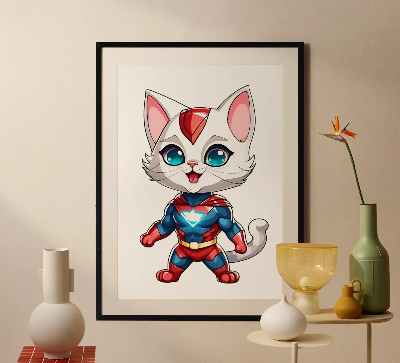 Gatto, cucciolo di gatto come supereroe poster con telaio in plastica da Tierisch bunt by LK