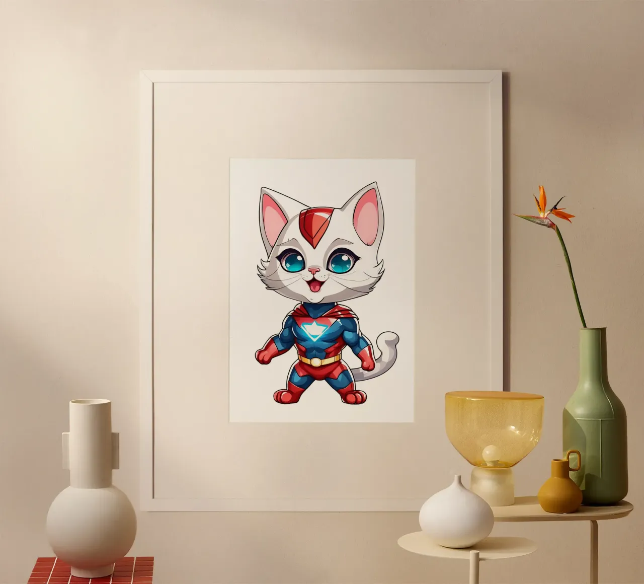 Gatto, cucciolo di gatto come supereroe poster con telaio in plastica da Tierisch bunt by LK
