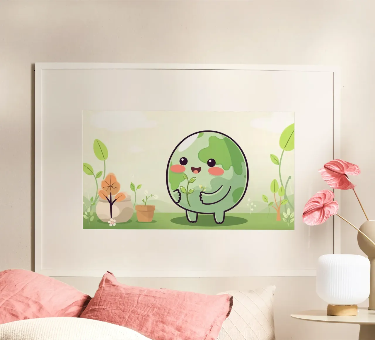Allegro personaggio dei cartoni animati della Terra che cura le piante poster con telaio in alluminio da DesignDoodle