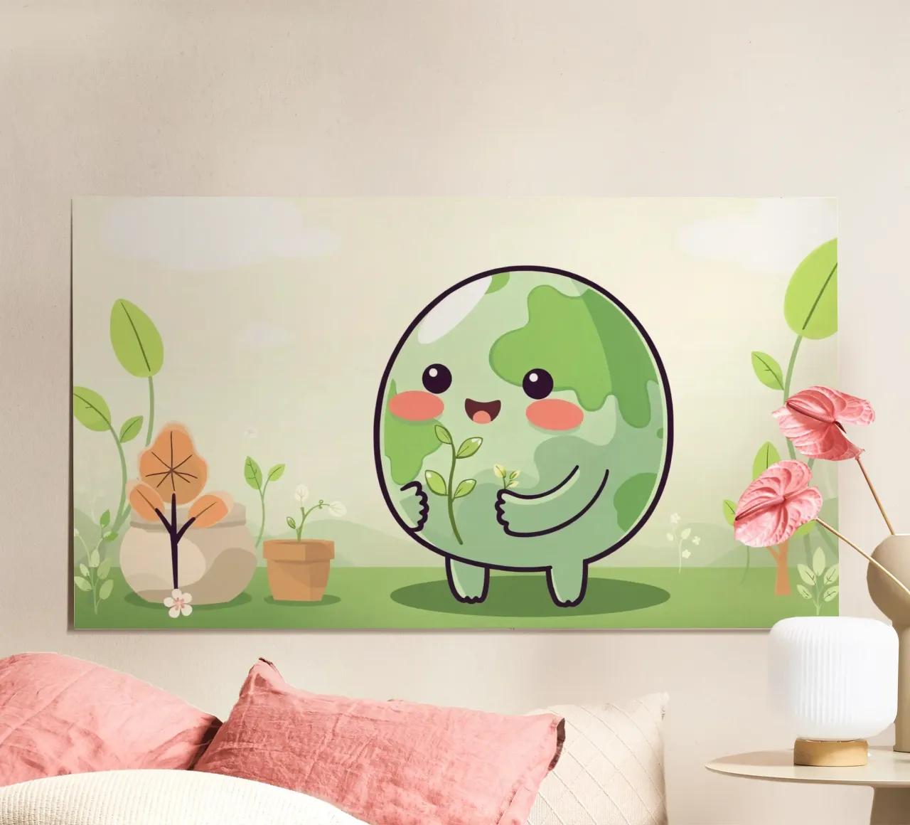 Allegro personaggio dei cartoni animati della Terra che cura le piante poster con telaio in alluminio da DesignDoodle