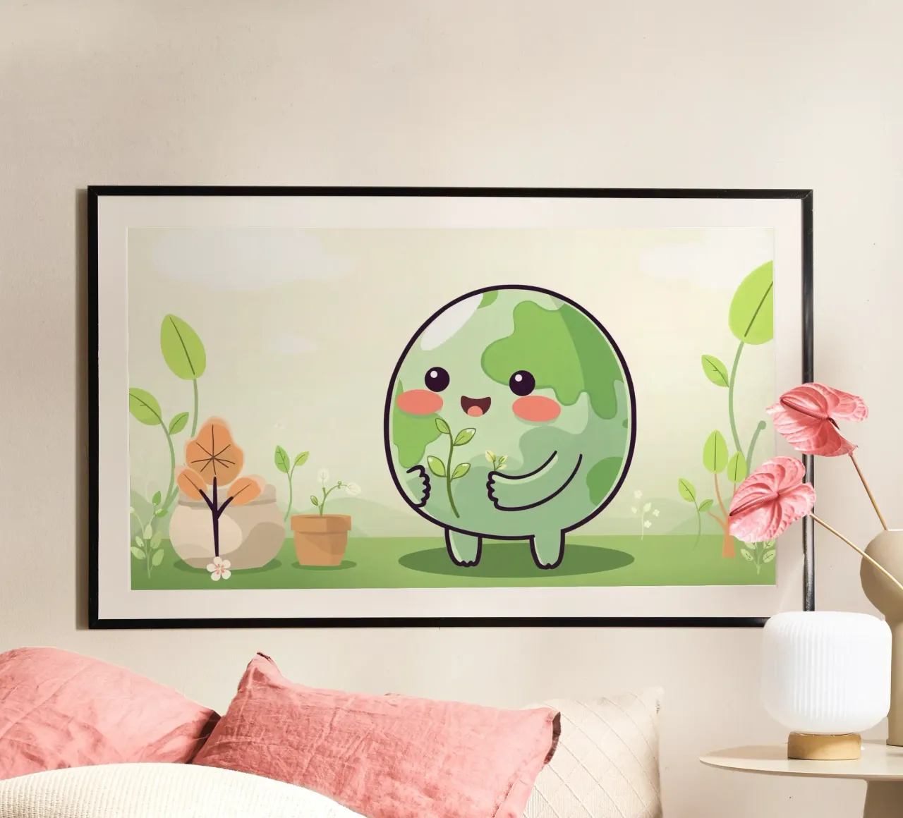 Allegro personaggio dei cartoni animati della Terra che cura le piante poster con telaio in alluminio da DesignDoodle