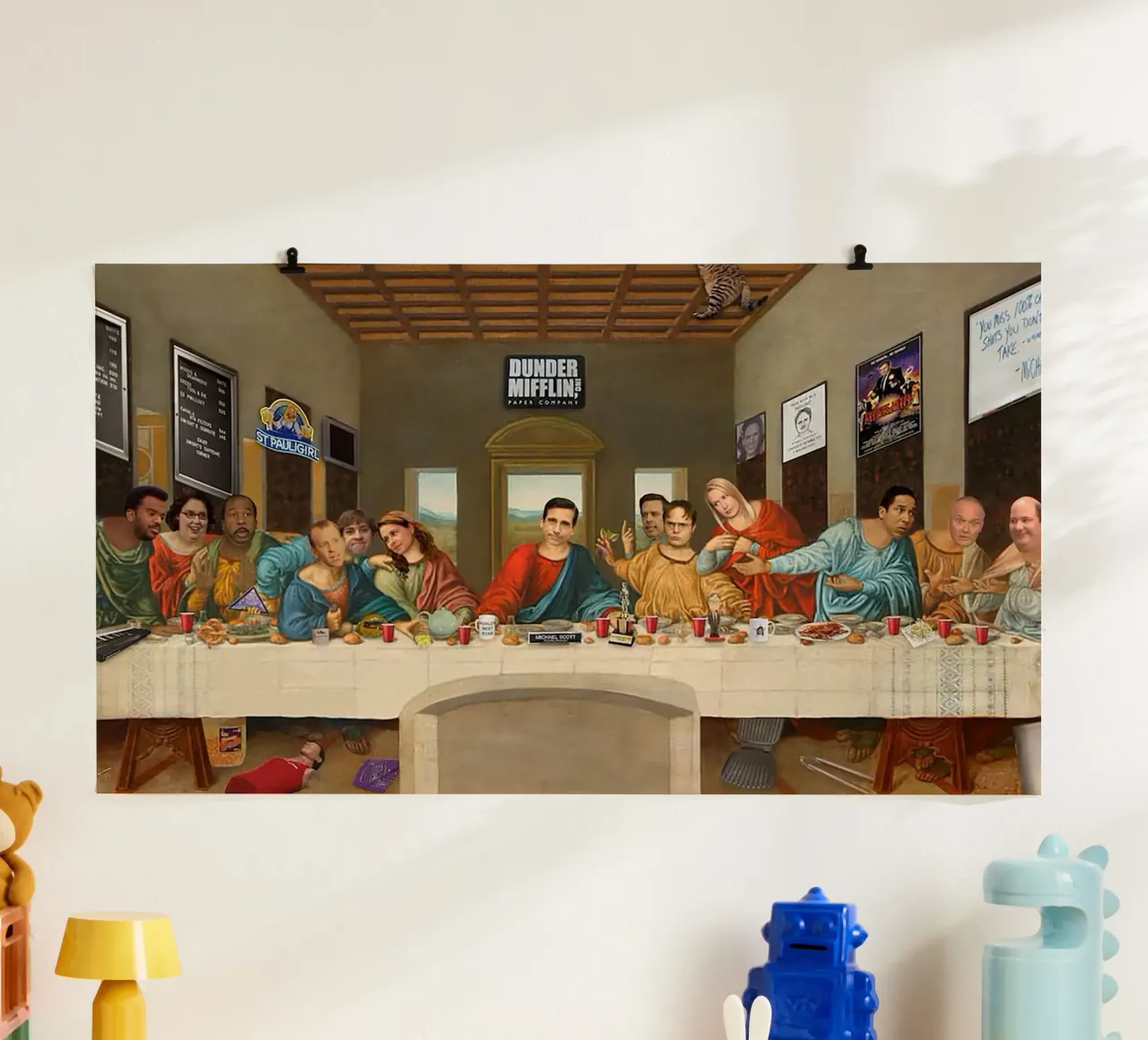 The Last Supper in the Office poster con marco de madera de Attaboy Dsgn